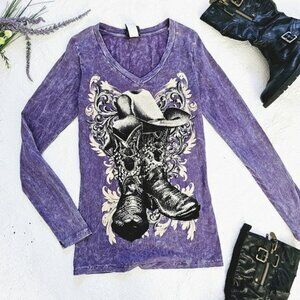 Women's Western Long Sleeve T-Shirt Size Small Purple Cowboy Hat Boots Country